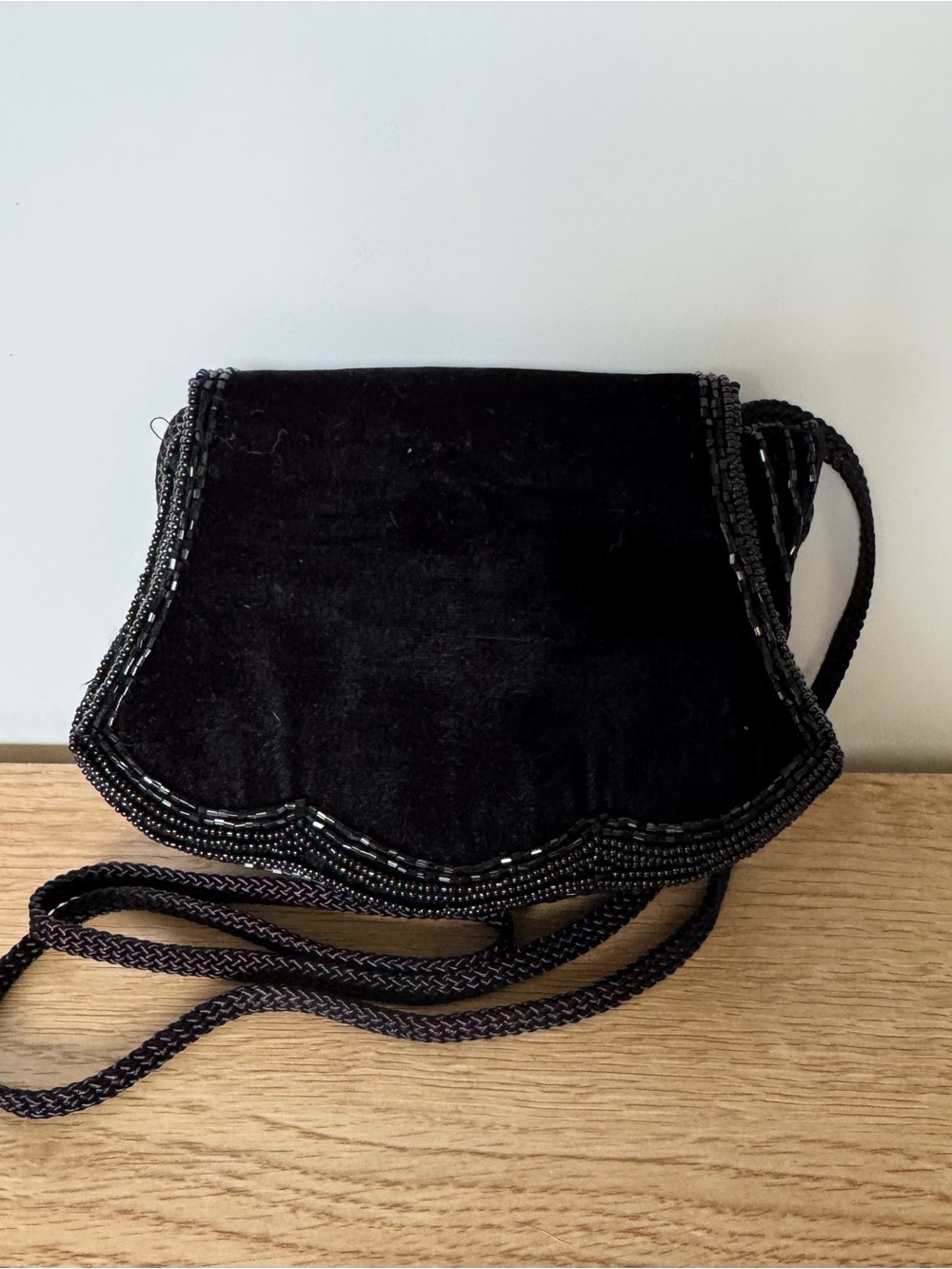 Vintage Elka Elegant Black Velvet Beaded Evening Clutch with Scalloped Edge